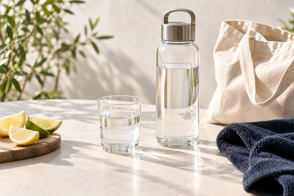Illustrative still life of water, citrus, a navy towel and a tote in morning light